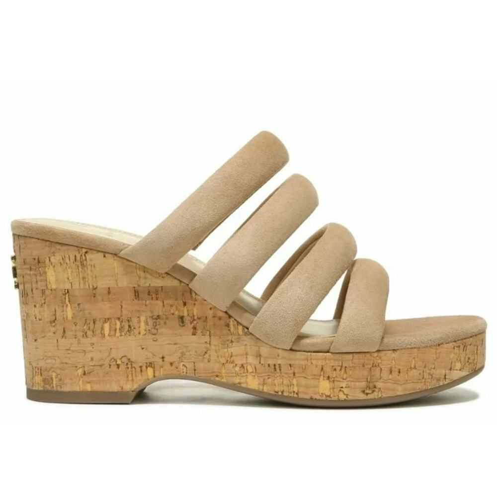 Sam Edelman Sandals Size 7 Tan Suede Leather Slip On Platform Wedges Logo